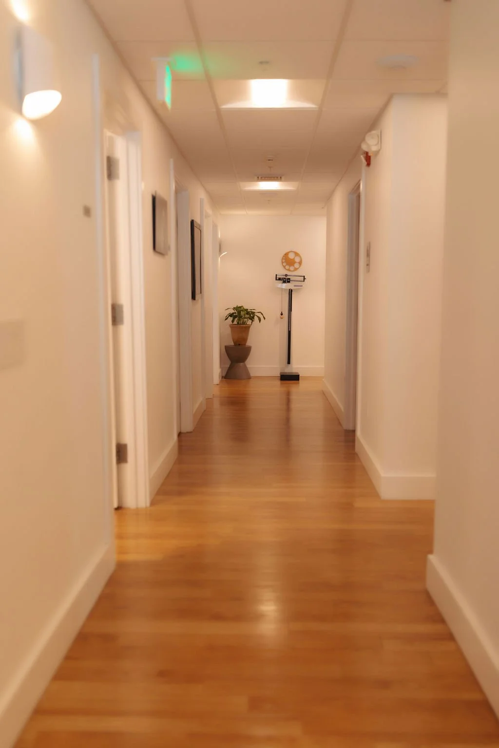 Empty hallway with white walls, wooden floor, and closed doors on either side. At the end of the hall, there is a plant in a pot on a stand, a wall clock, and a scale.