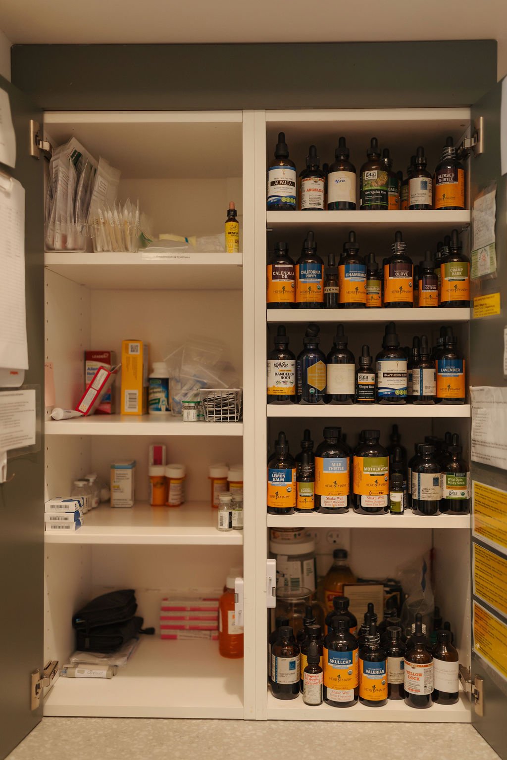 Open medicine cabinet with various bottles, boxes, and packages of herbal remedies, supplements, and medication.