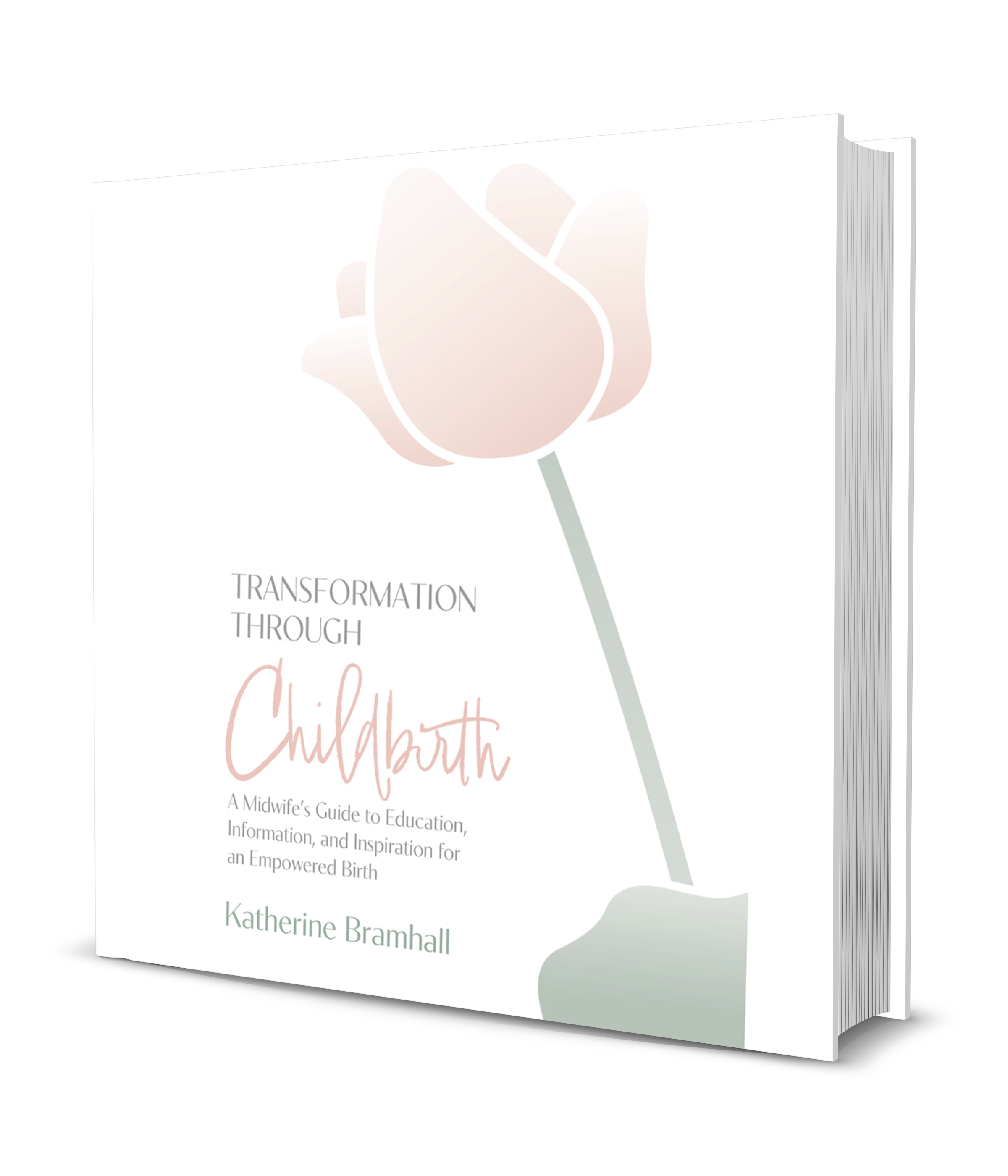 Book titled "Transformation Through Childhood" by Katherine Bramhall, featuring a stylized pink rose on the cover with subtitle indicating its focus on education and empowerment for midwives.
