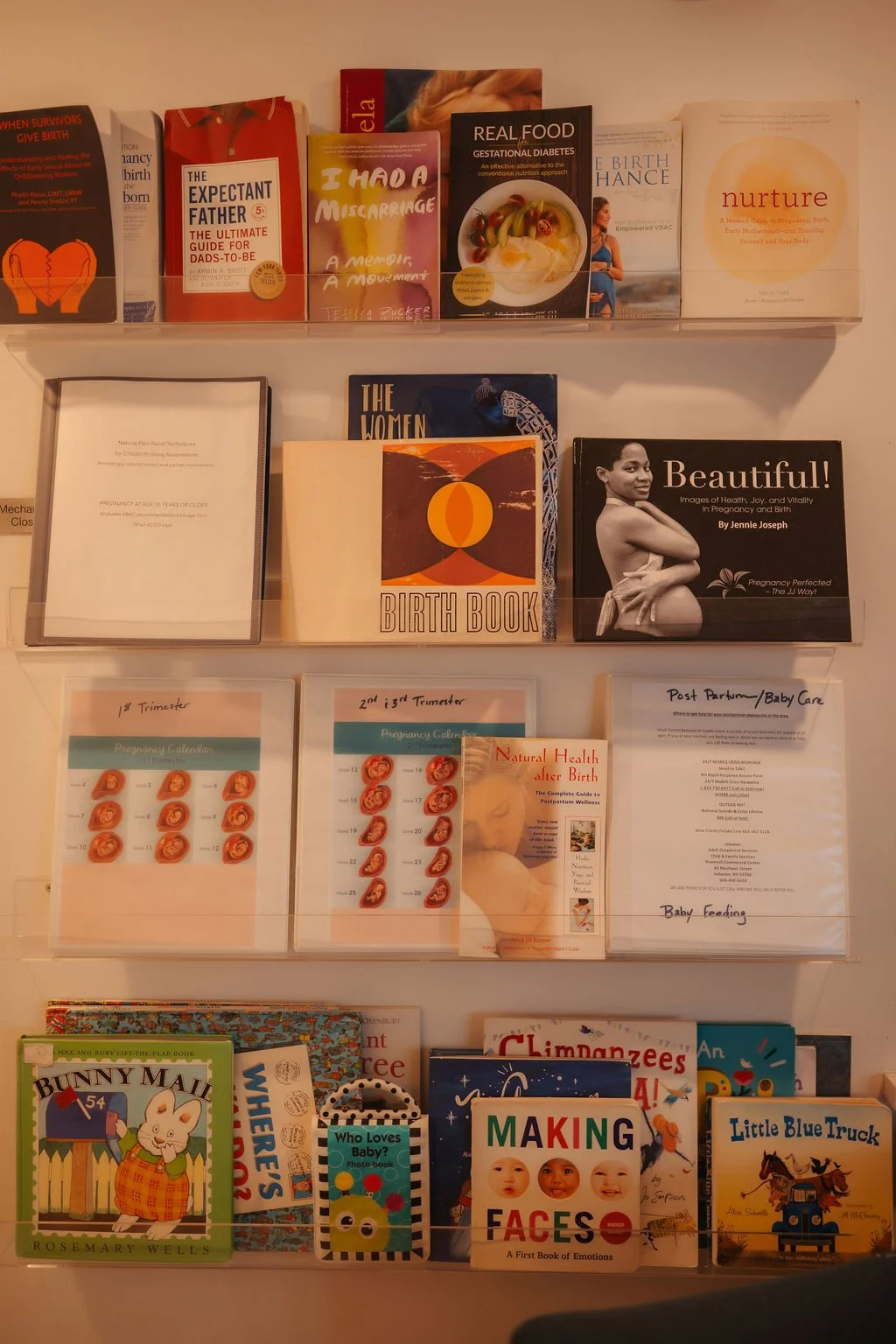 Display shelf filled with pregnancy and parenting books, pamphlets, and calendars.