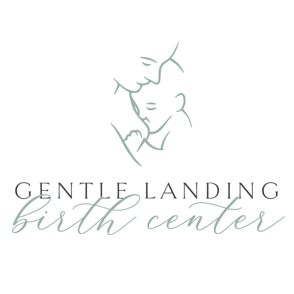 Logo for Gentle Landing Birth Center featuring a line drawing of a mother and child with the text 'Gentle Landing Birth Center' below.