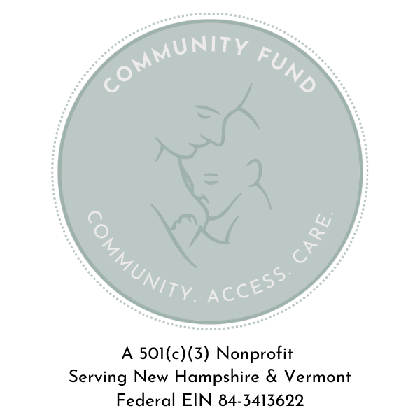 A circular logo with a line drawing of a woman and a child touching foreheads. The text around the circle reads "Community Fund," "Community. Access. Care." in light gray on a light gray background.