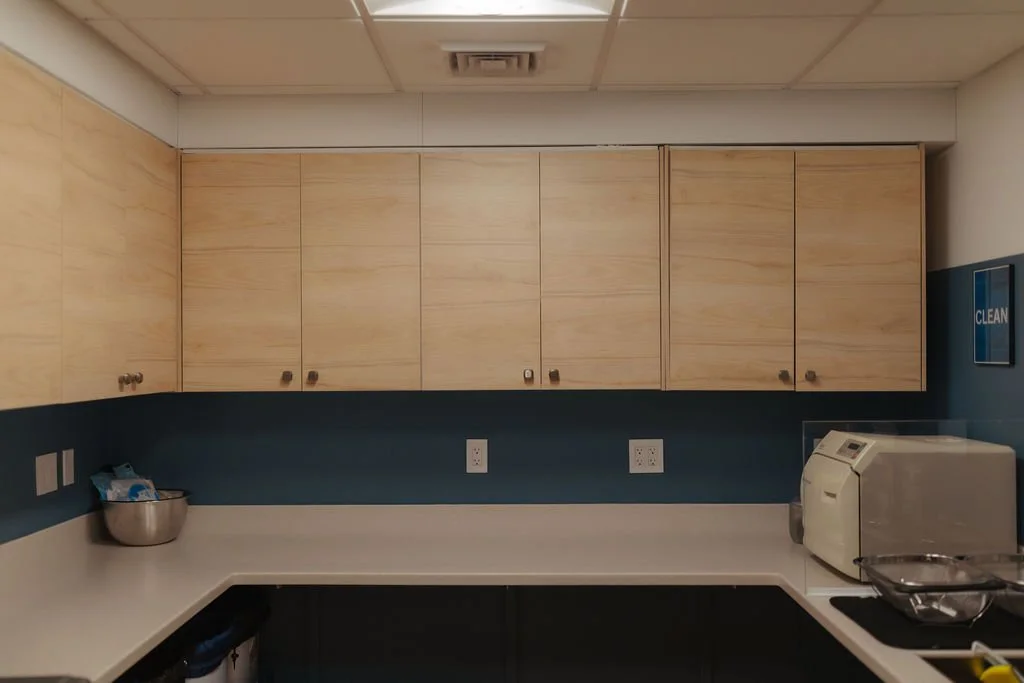 Kitchen with light wood cabinets, dark blue wall, white countertop, and appliances like a microwave and a metal bowl.