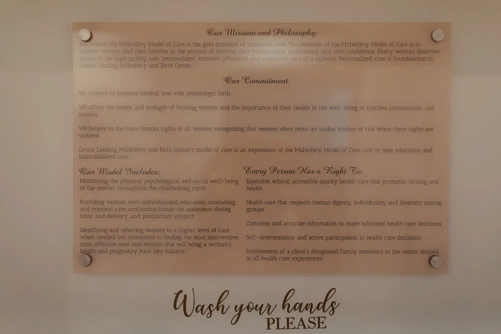 A poster with text about Midwifery care and commitment, emphasizing the importance of respectful, individualized, and compassionate maternity care. The poster also highlights the model of care, the principles of health and dignity, and encourages han