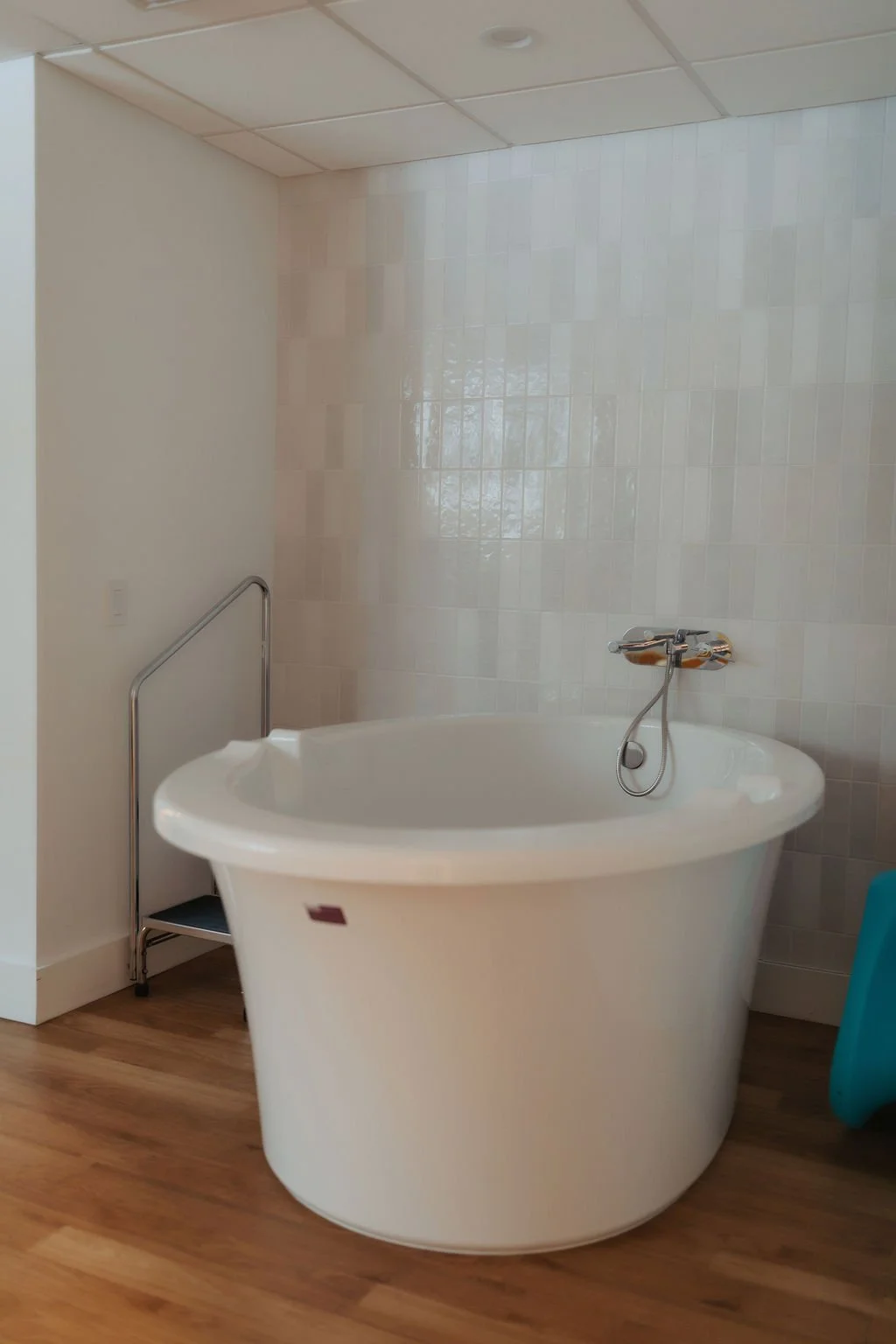 A white freestanding bathtub with a handheld showerhead, situated next to a tiled wall and hardwood floor, with a small metal step stool nearby.
