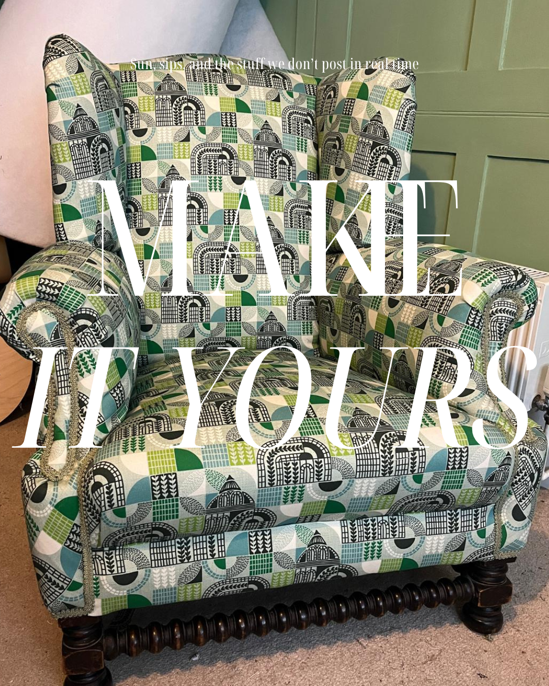 Patterned armchair with a green, black, blue, and white geometric design, wooden legs, situated in a cozy room with green paneling. Text overlay reads 'Make time for yourself'.