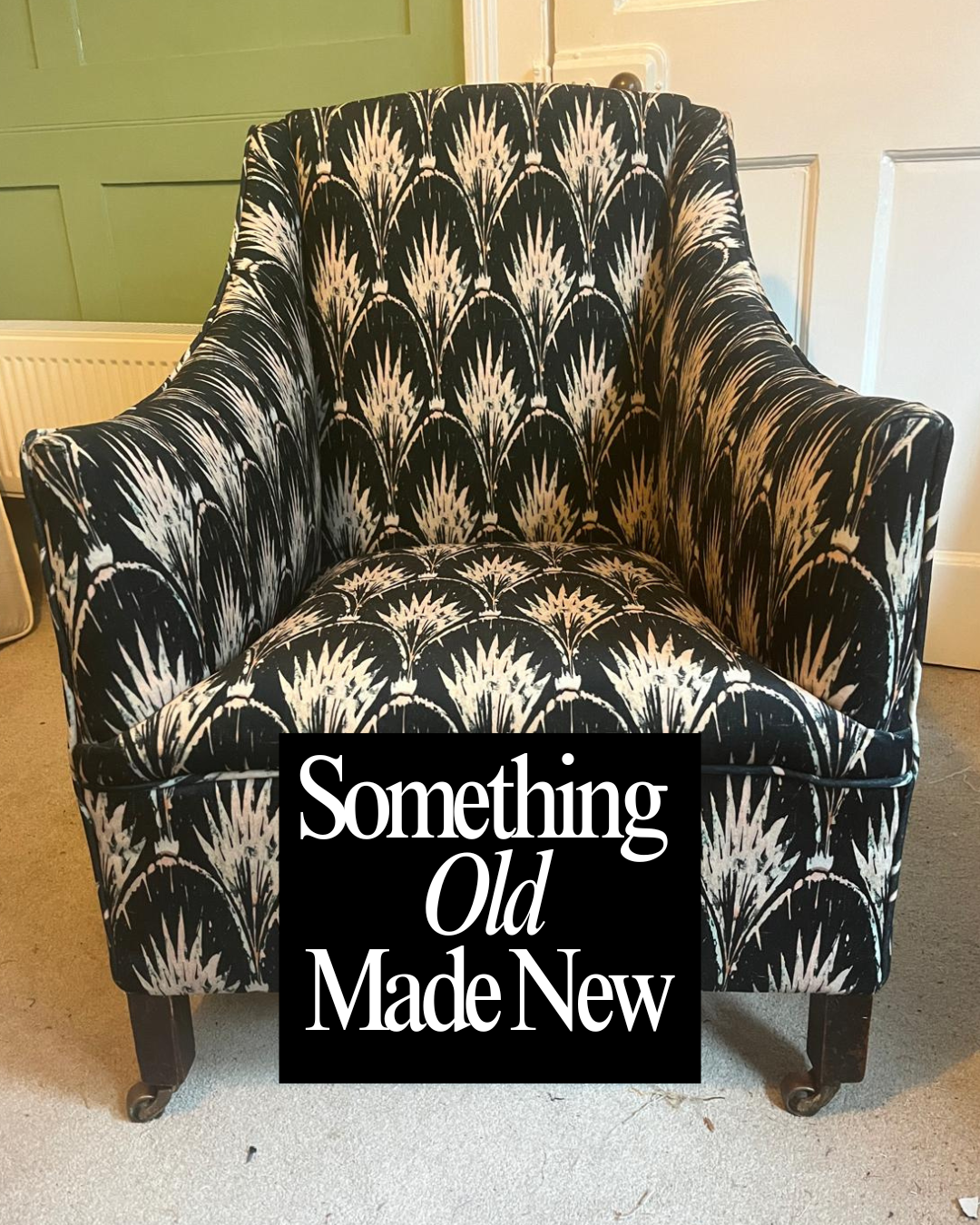 A vintage patterned armchair upholstered in gorgeous Anna Hayman fabric and wooden legs.