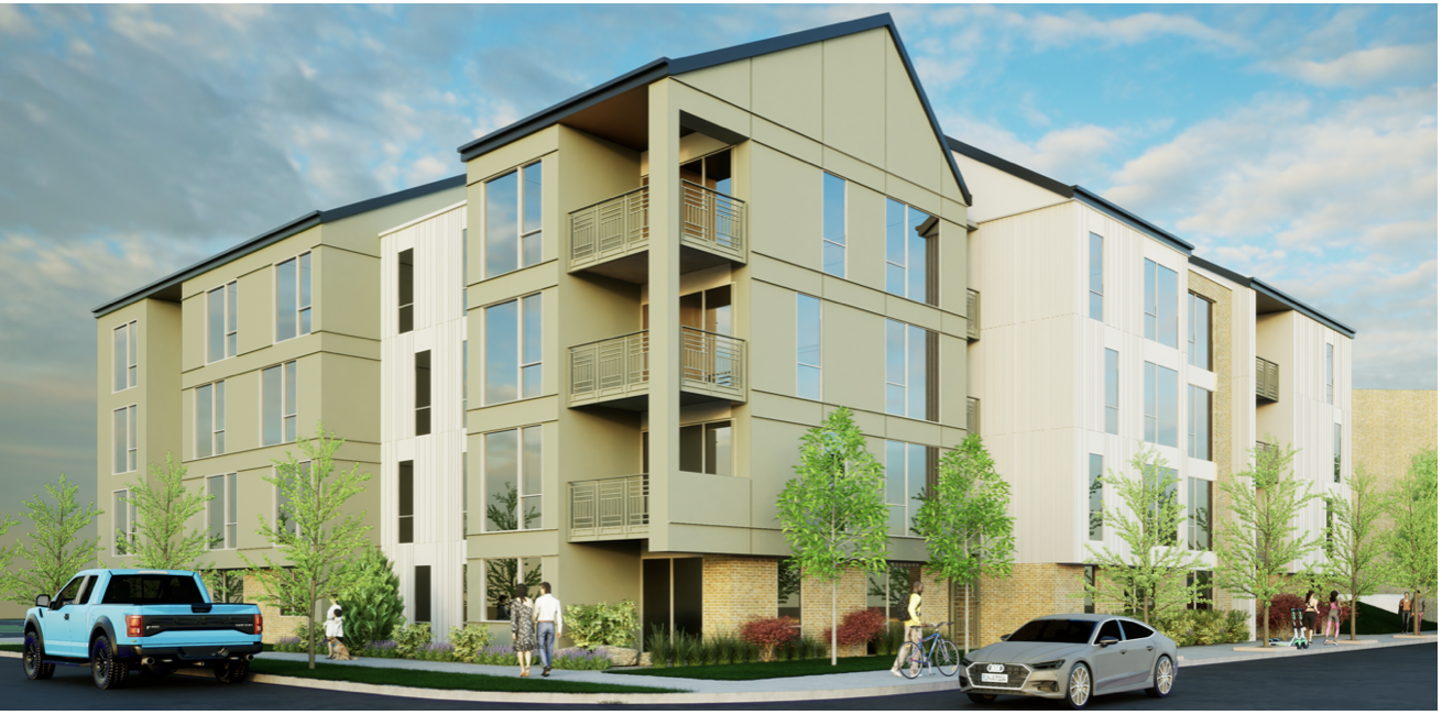 A modern apartment building with multiple floors, large windows, and small balconies, surrounded by trees, cars, and people walking and cycling outside.