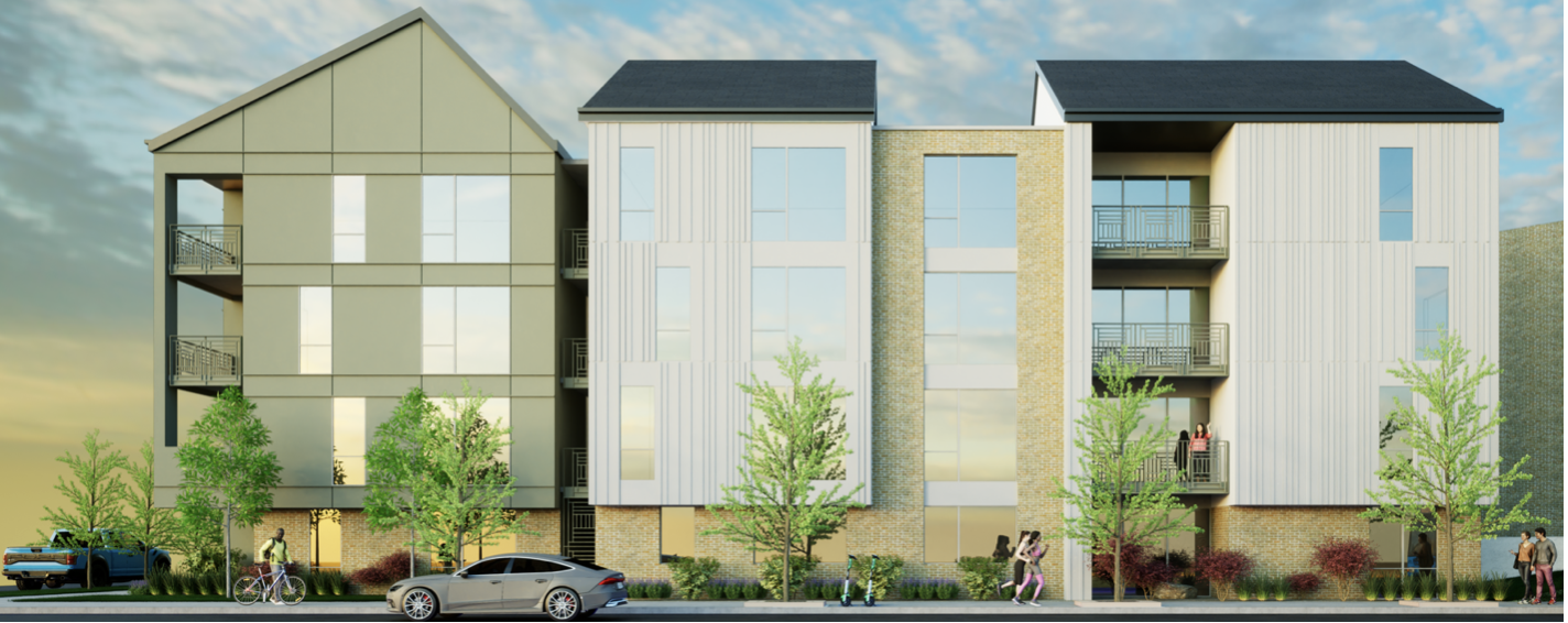 A modern multi-story apartment building with trees and cars parked in front, people on bicycles and walking on the sidewalk.