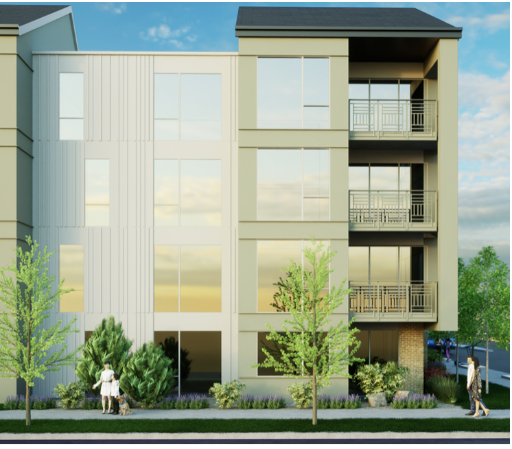 Modern multi-story residential building with large windows, balconies, and surrounding greenery on a bright day.