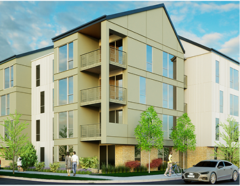 Modern residential building with balconies, trees, and a car parked outside