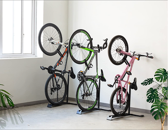 Indoor scene with four bicycles, two are wall-mounted and two are on bike stands, near large windows and green houseplants.