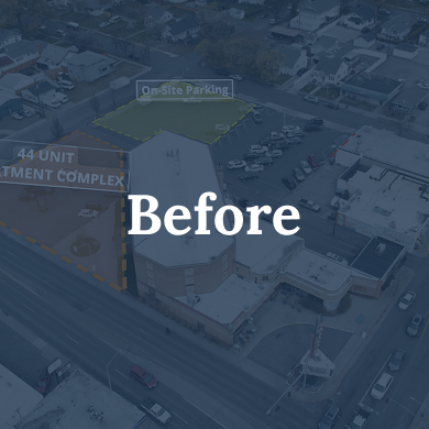 Aerial view of a commercial building with an on-site parking lot and surrounding streets, with the word 'Before' overlaid.