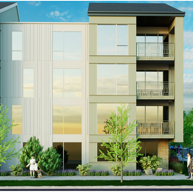 Modern multi-story apartment building with balconies, large windows, and well-maintained landscaping with trees and shrubs.