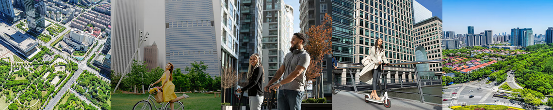 Aerial view of a city with green parks, tall office buildings, and residential areas; people enjoying outdoor activities in the city center, including cycling, walking, and riding an electric scooter.