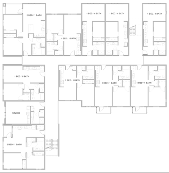 Floor plan of an apartment complex with various units including one-bedroom and two-bedroom layouts, some with studios, connected by hallways and staircases.