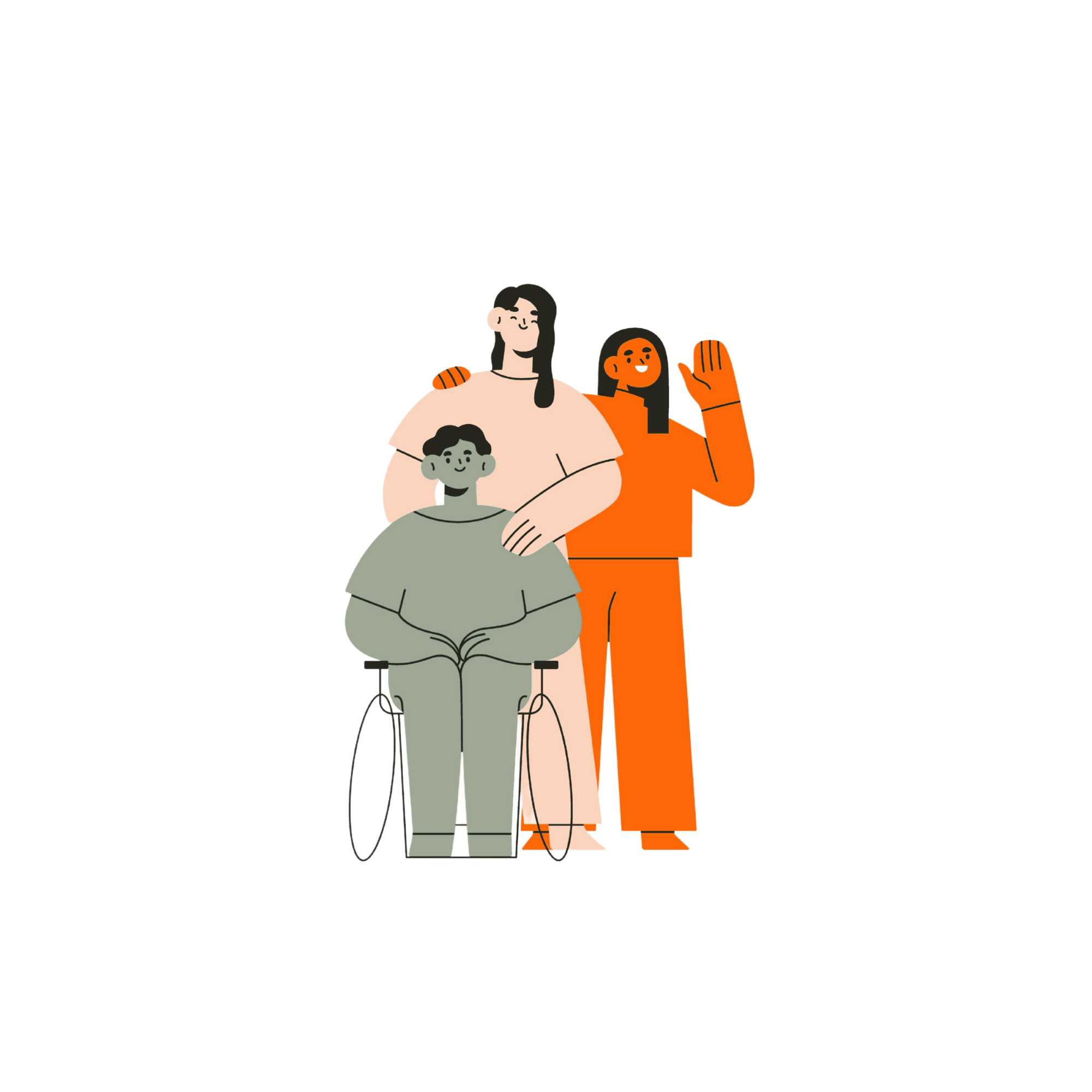 Eine Illustration von drei Menschen, einer sitzt im Rollstuhl, die anderen stehen um ihn herum, alle lächeln freundschaftlich und zeigen Unterstützung.