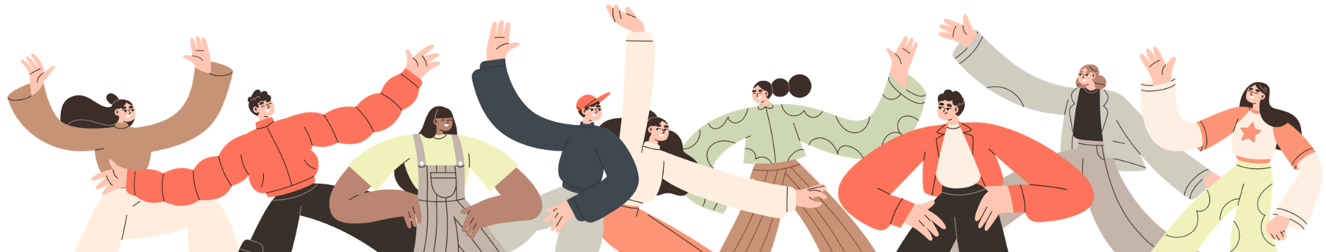 Eine Gruppe von acht jungen Leuten, die gemeinsam lächeln und fröhlich aussehen, stehen im Kreis und machen eine Pose mit den Armen.