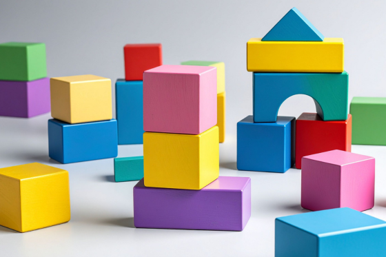 Colorful wooden building blocks arranged in various towers and structures on a white surface.