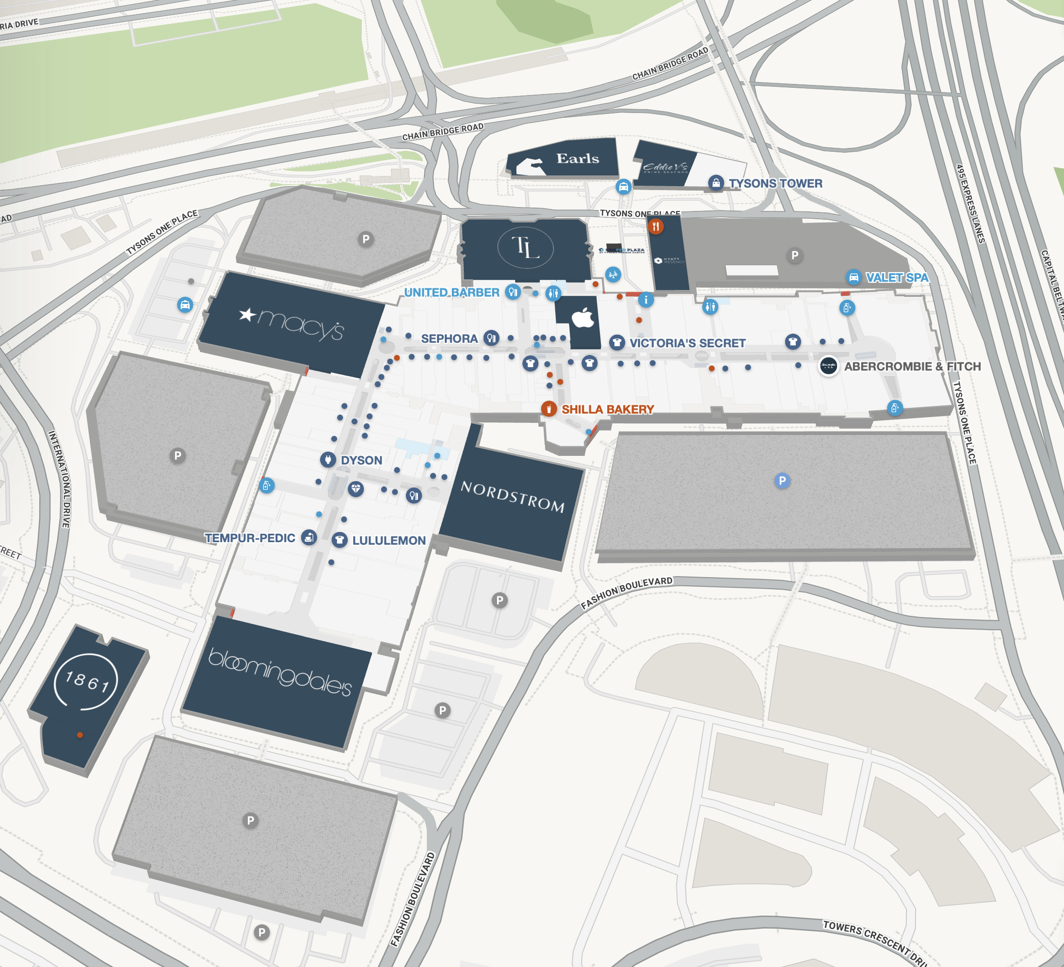 Map of a shopping mall with stores like Macy's, Nordstrom, Bloomingdale's, Sephora, Apple, and several parking lots.