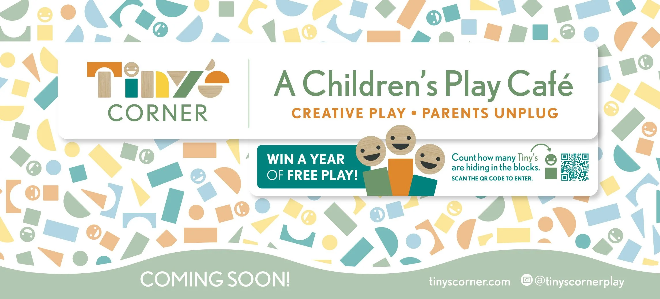 Colorful promotional banner for Tiny's Corner, a children's play cafe, featuring playful geometric shapes and smiling faces. Text highlights a creative play area, parent relaxation, and a contest to win a year of free play.