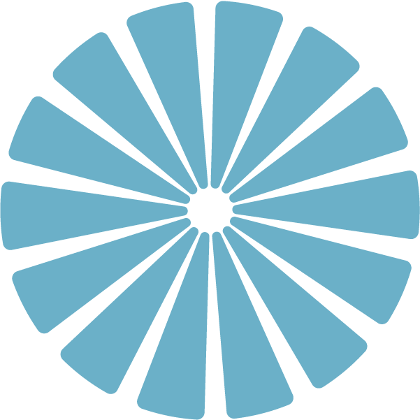 A stylized, circular blue shape with black outlines, resembling a flower or a wheel with individual segments radiating from a central point.