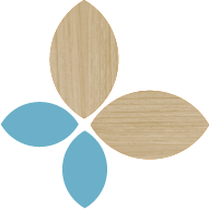 Abstract design with four oval shapes, two brown and two blue, arranged in a flower-like pattern.
