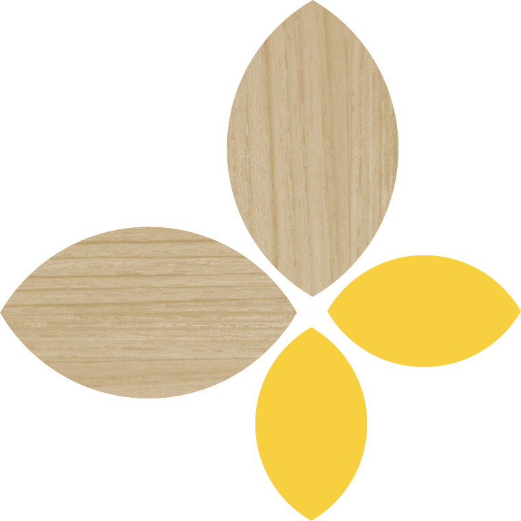 A diagram of a butterfly with one wing made of light wood, the other wing of a darker wood, and a small red worm crawling on the body of the butterfly.