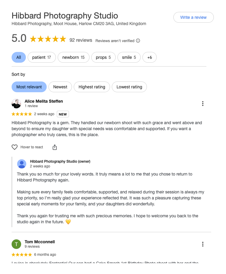 Screenshot of a Google reviews page for Hibbard Photography Studio in the United Kingdom, showing a 5-star rating based on 92 reviews, with some filtered reviews from patients, newborns, and props.