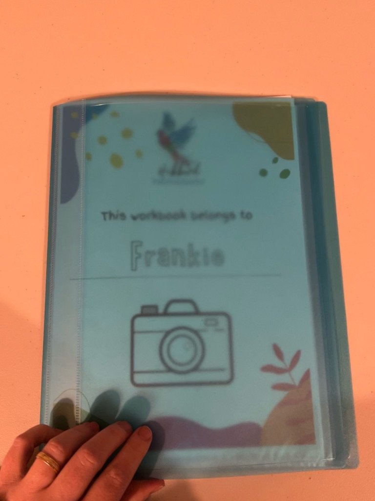 A transparent plastic sheet with a printed design, held by a hand with a wedding ring, displaying a sign that reads "This workspace belongs to Frantz" along with a camera icon and decorative elements like a bird and leaves.