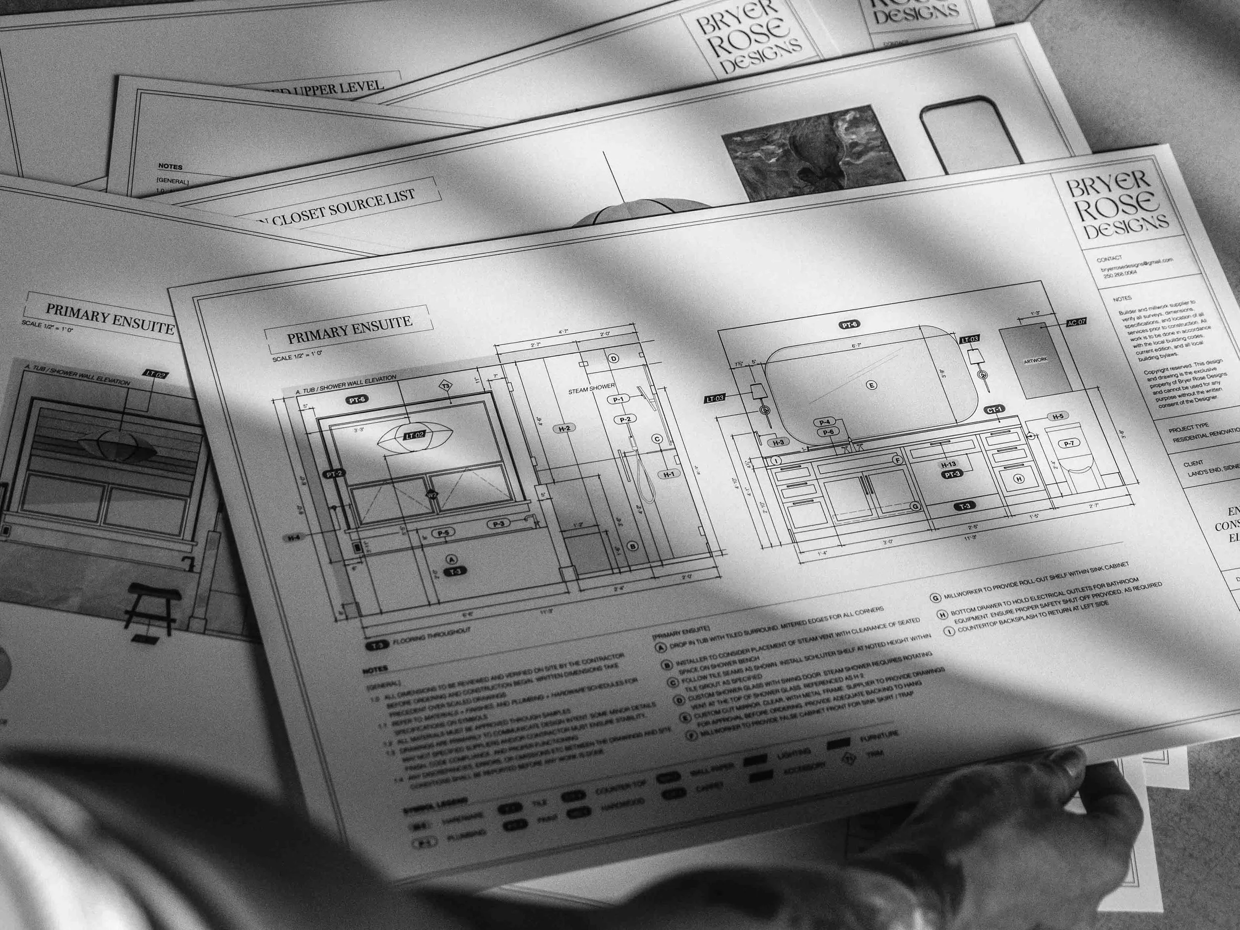 Architectural blueprints and design plans for a bathroom renovation, labeled 'Primary Ensuite,' showing measurements, layout, and detailed diagrams.