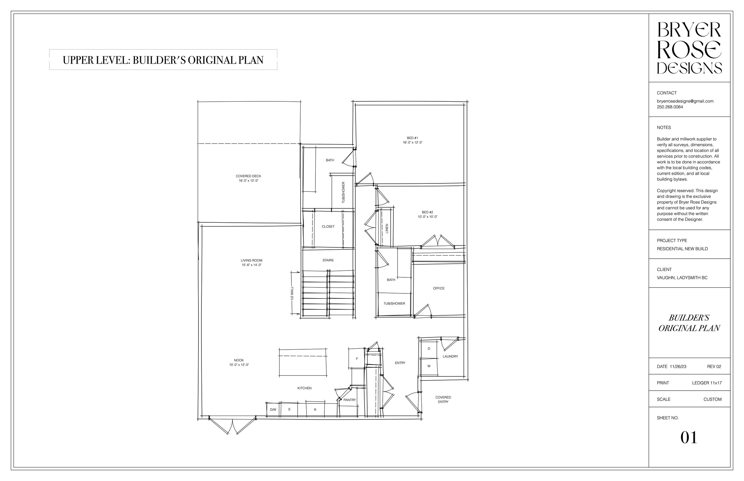 Architectural blueprint of the upper level of a residential building, showing rooms, stairs, closets, and outdoor deck. The plan includes labels for bedrooms, bathrooms, office, kitchen, laundry, and entry areas.