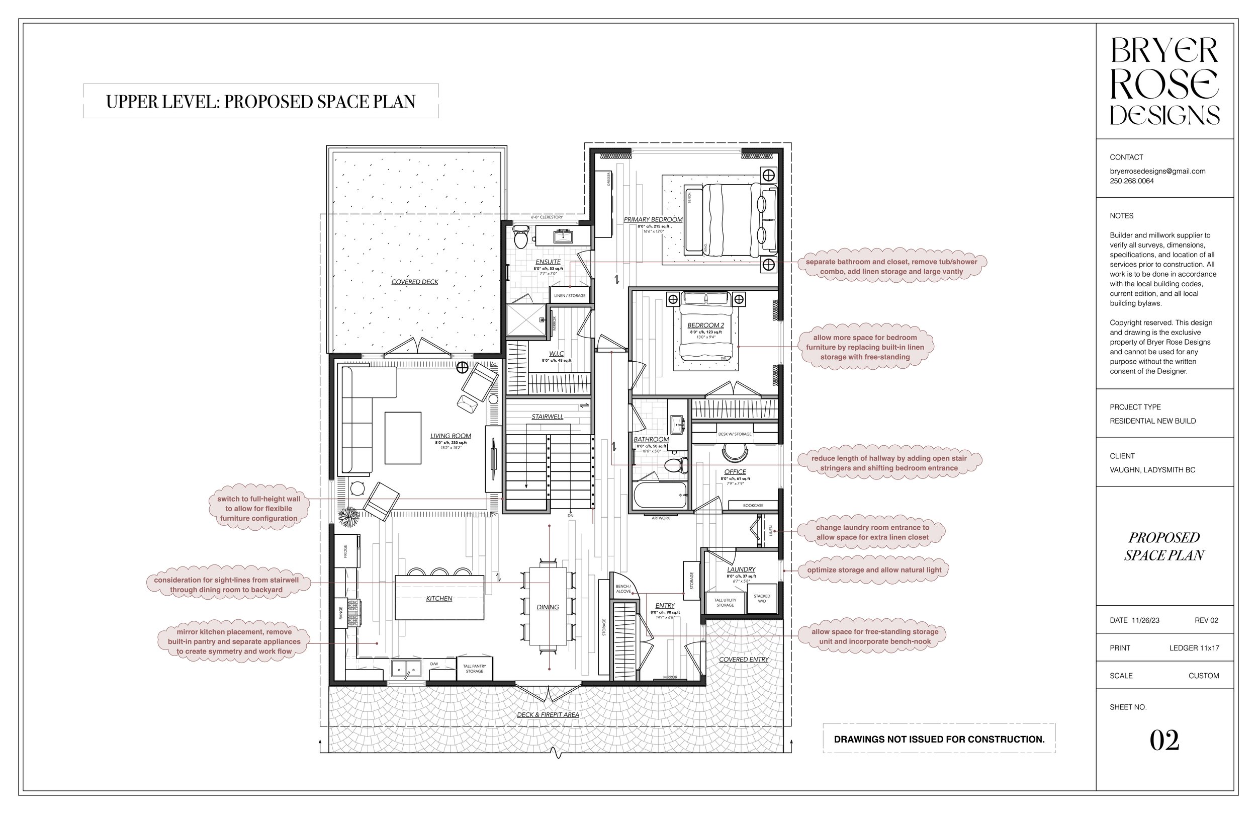 Architectural floor plan of an upper level proposed space, including a living room, kitchen, dining area, laundry room, two bedrooms, two bathrooms, and a covered deck. Annotations suggest design modifications like removing built-in linen storage, shifting bedroom entrance, and improving storage and natural light.