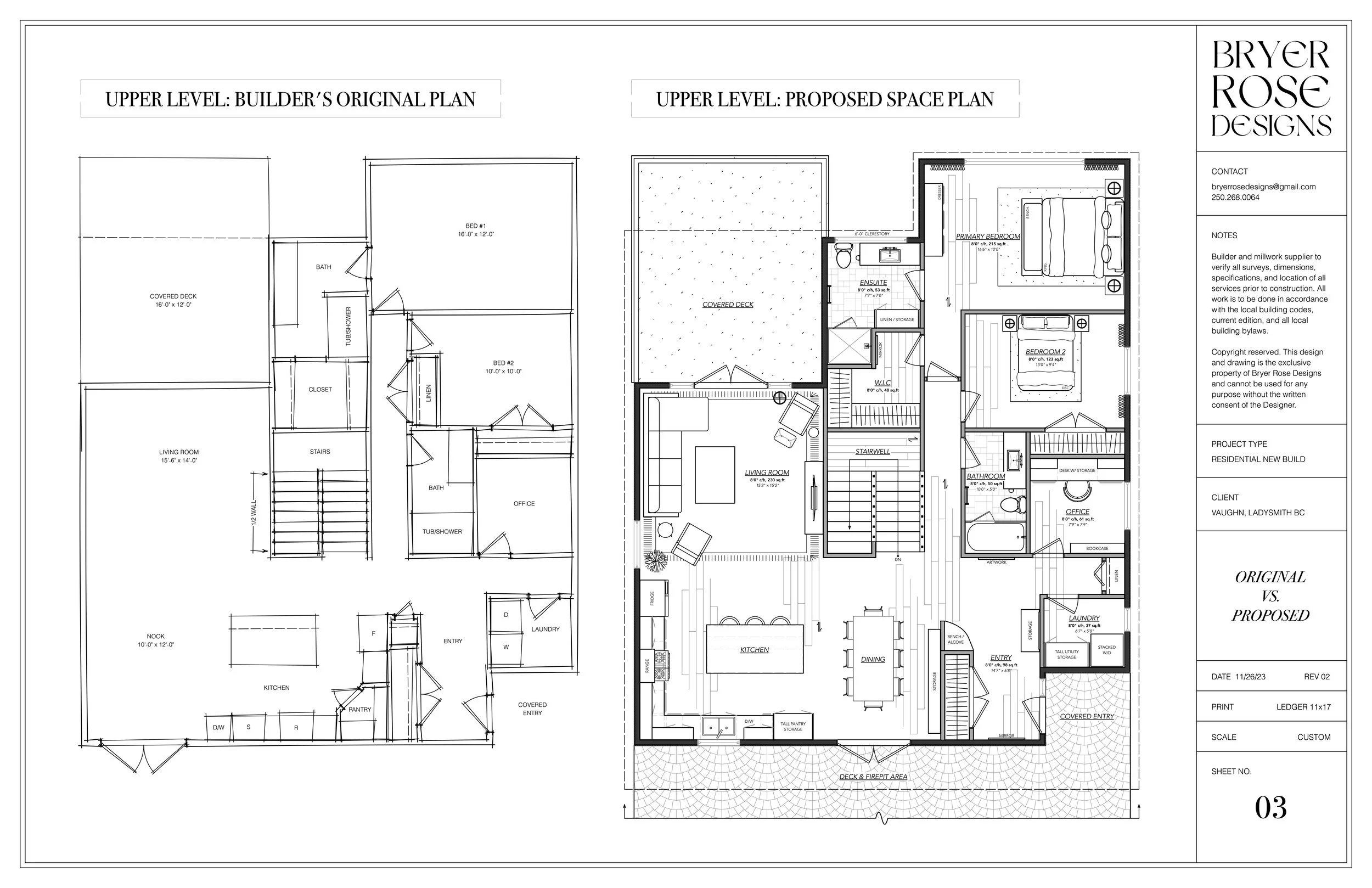 Architectural plans comparing the original builder's floor plan with the proposed space plan for a residential building, including layouts for living areas, bedrooms, bathrooms, kitchen, office, laundry, deck, and entry.