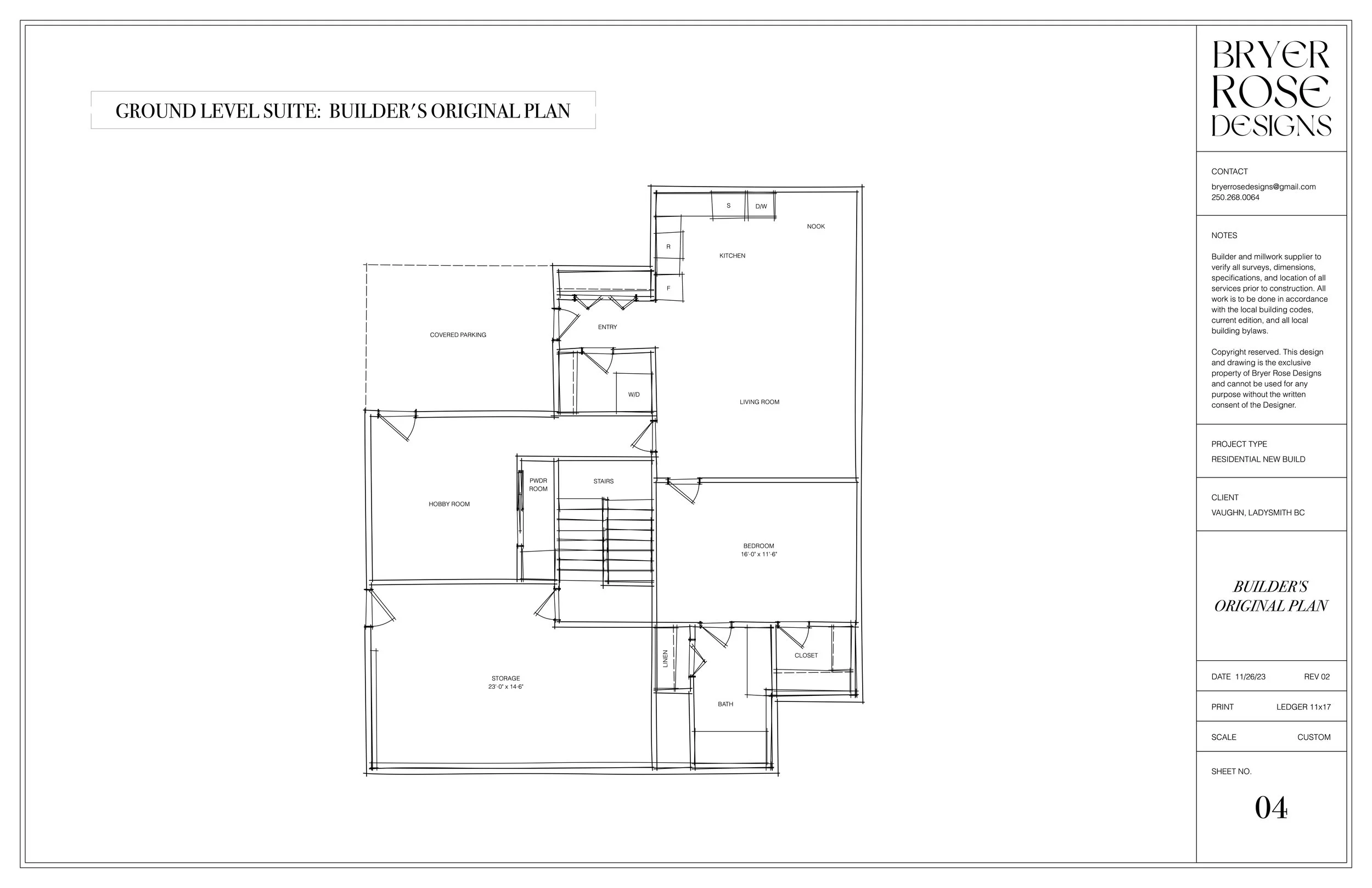 Architectural floor plan of a ground level residential home. Rooms include a storage area, bedroom, bath, laundry, stairs, powder room, hobby room, living room, kitchen, and covered parking, with dimensions and layout details.