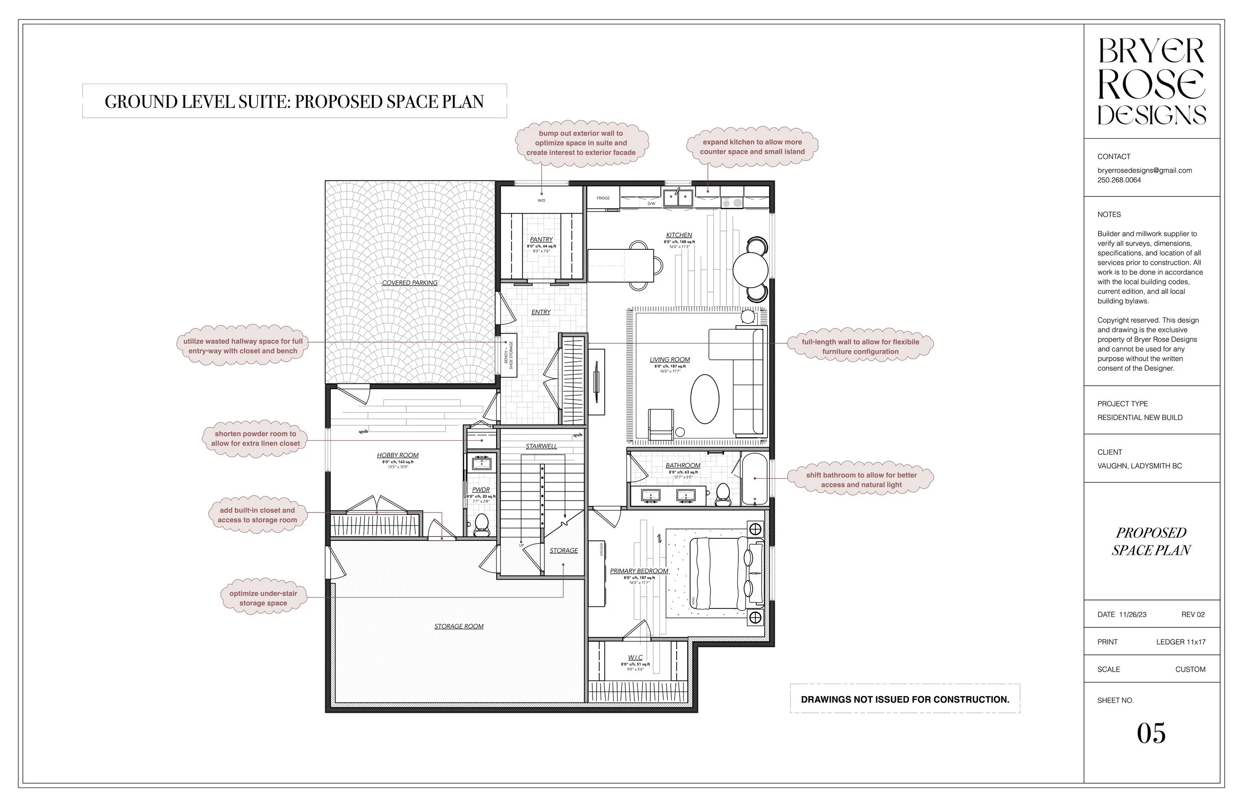Ground level proposed space plan for a residential building, showing layout of rooms including entry, kitchen, living room, bathroom, primary bedroom, hobby room, storage, and pantry, with notes about space optimization and layout suggestions.