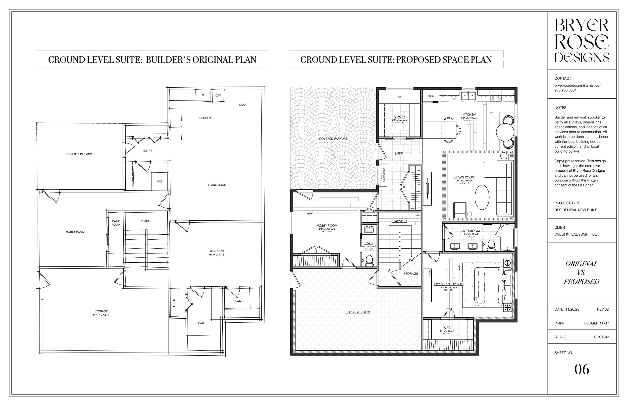 Architectural blueprint comparing original and proposed ground level plans for a house, including labeled rooms, parking, storage, and stairs.