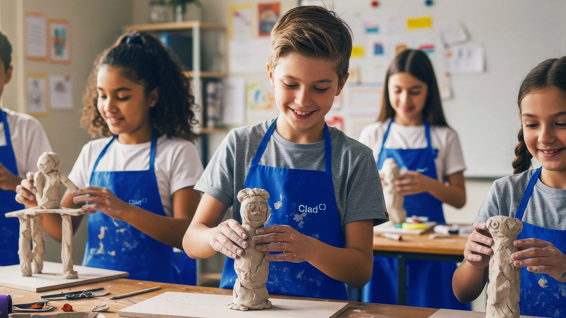 Children participating in a clay sculpture class, smiling and working on their clay figures in a bright classroom.
