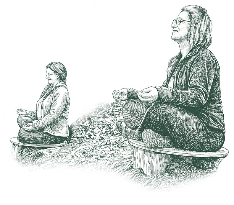 Illustration de deux femmes méditant assises sur des plateaux en bois dans le coin méditation de La Sorcière du Village.