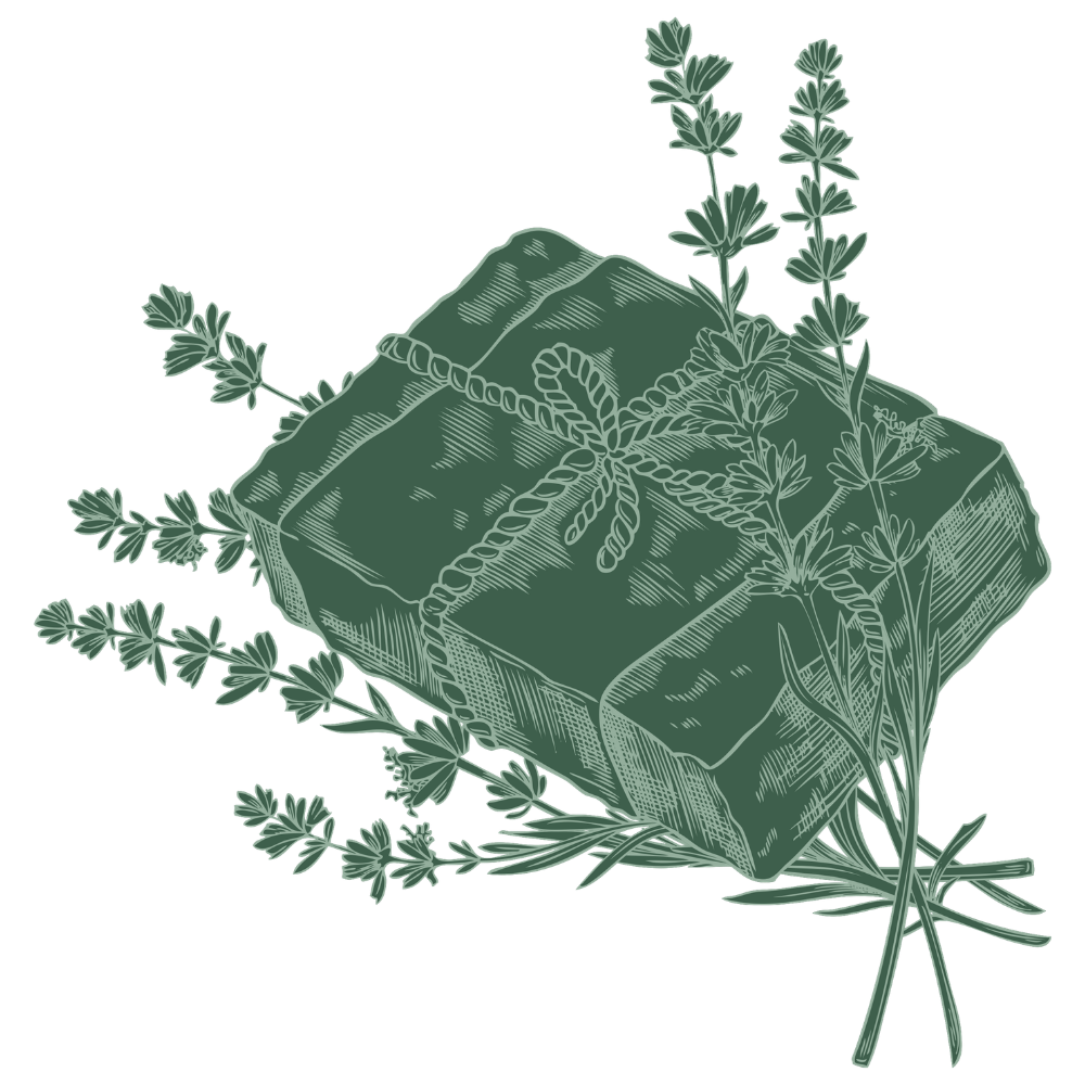 Illustration d'un savon entouré de branches de lavande