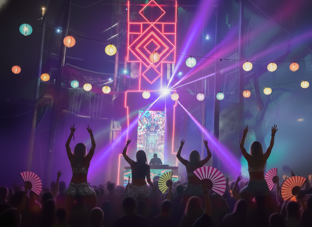 People dancing at a concert or nightclub with colorful lights, hanging paper lanterns, and a DJ on stage.