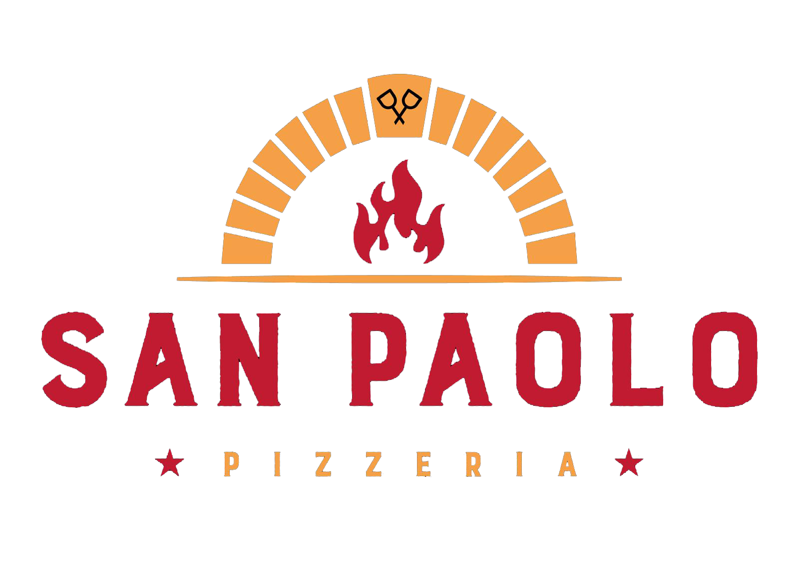 Logo for San Paolo Pizzeria with a brick oven, flames, and the establishment's name.