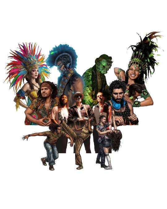 A group of diverse performers and dancers dressed in colorful costumes, with some wearing elaborate headdresses and face paint, posing against a plain white background.