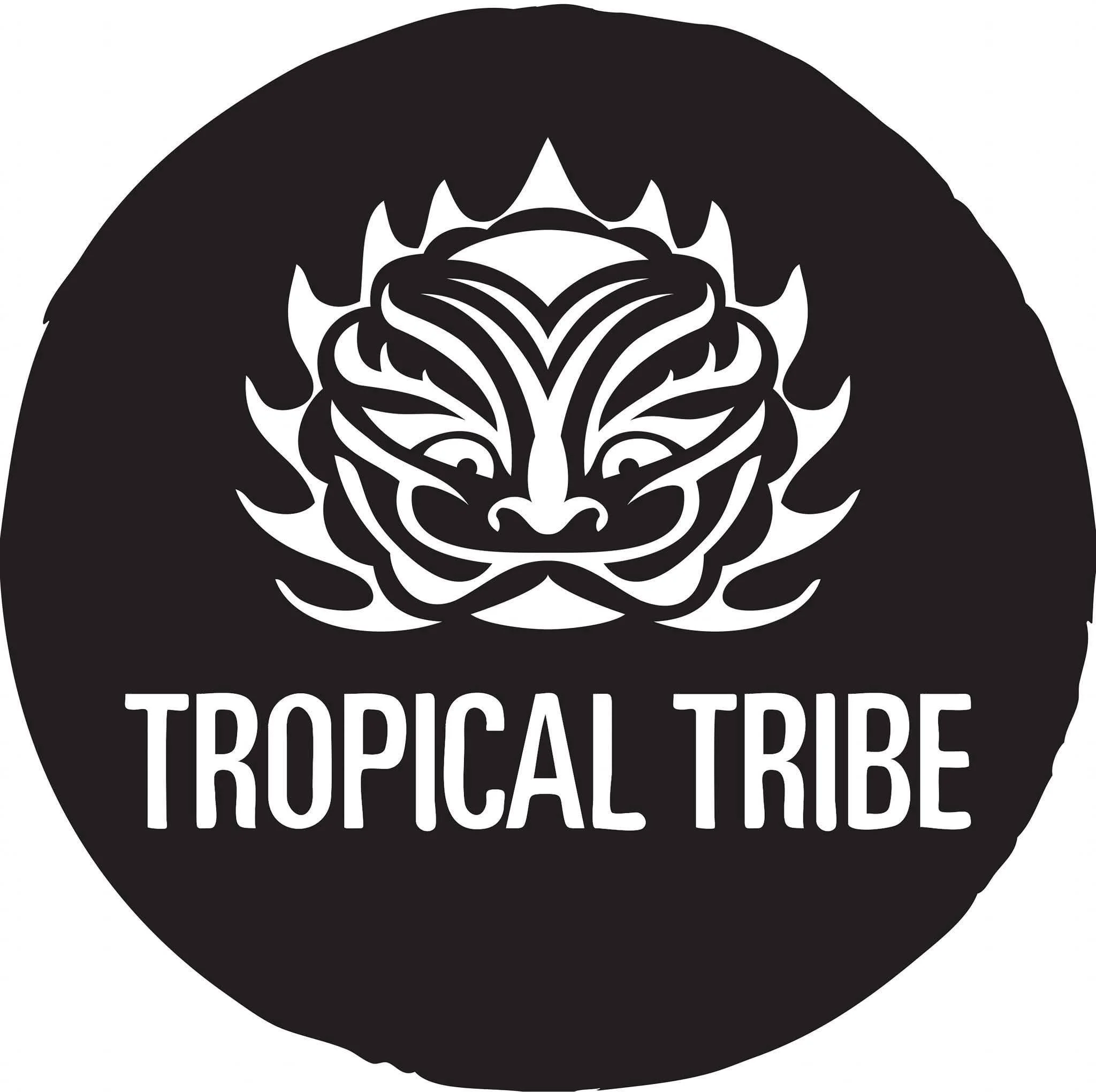 Black and white logo with a stylized tribal tiger face above the words 'Tropical Tribe' in bold font.