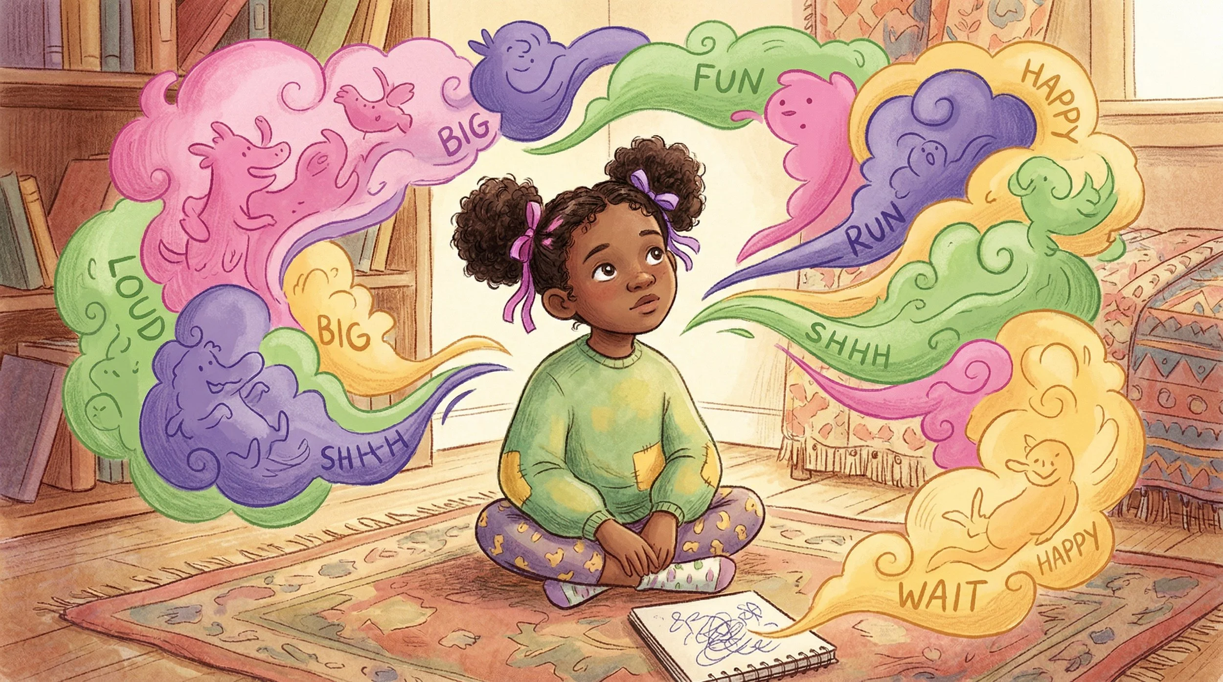 A young girl sitting cross-legged on a colorful rug in a cozy room, surrounded by swirling clouds of colorful thought bubbles with words like 'big,' 'fun,' 'happy,' 'loud,' 'run,' 'wait,' 'shhh,' and 'happy,' depicting her thoughts.