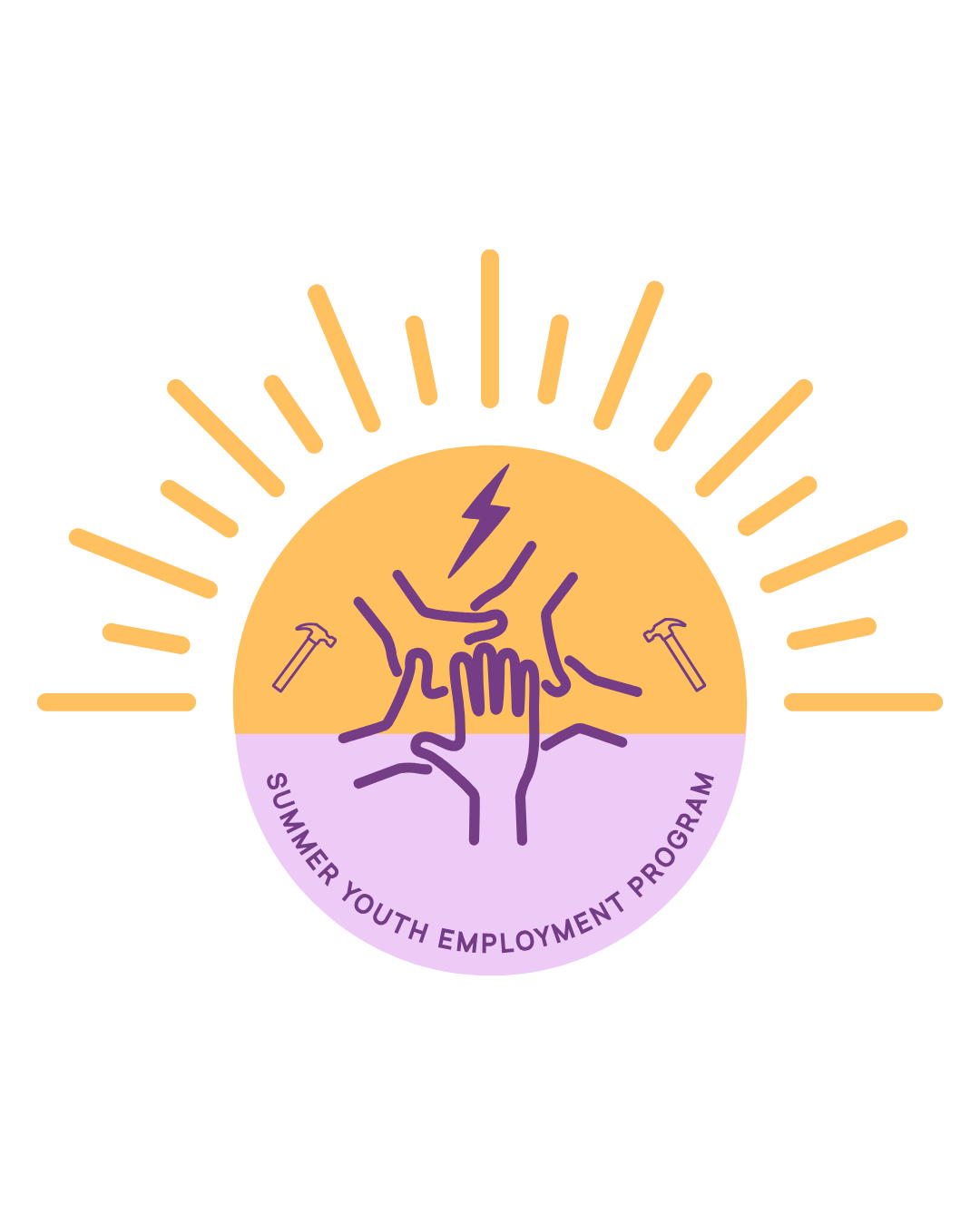 Illustration of two hands shaking with lightning bolt above and hammers on either side, surrounded by sun rays and a circular band with the text 'Summer Youth Employment Program'.