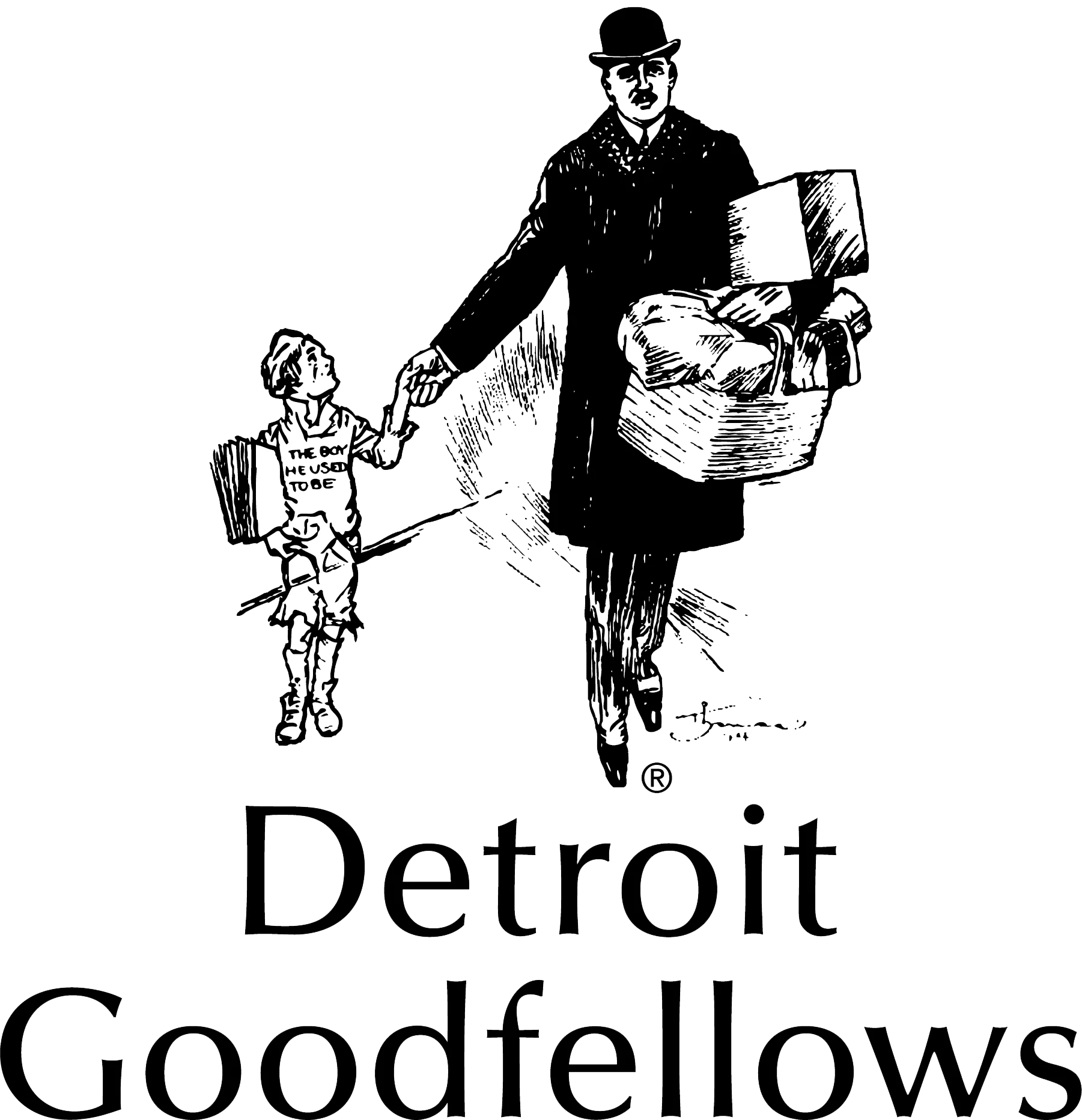Black and white illustration of a young boy wearing a sign that says 'The Boy He Used to Be' holding hands with a woman carrying shopping bags, with the text 'Detroit Goodfellows' below.
