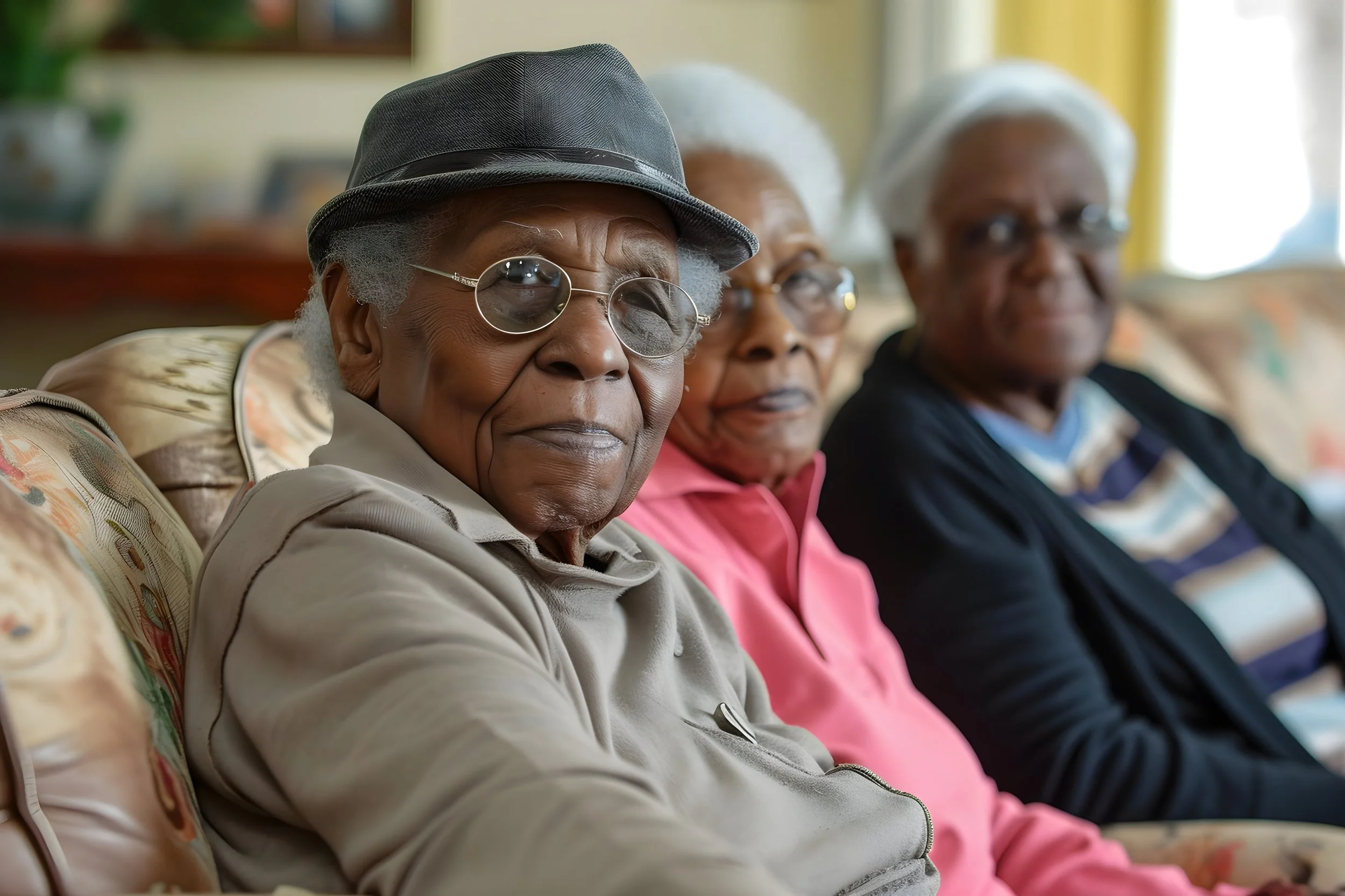 Three elderly women sitting on a sofa, looking at the camera. The woman in the foreground is wearing a hat, glasses, and a beige jacket. The other two women are slightly out of focus, one in a pink top and the other in a dark jacket with a striped shirt.