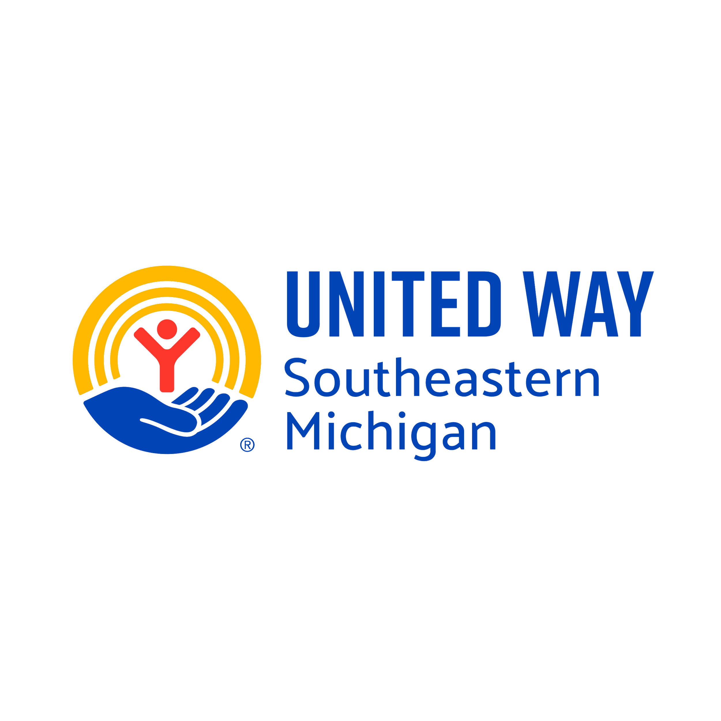 Logo for United Way Southeastern Michigan featuring a hand holding a person with arcs around them, and text in blue and yellow reading "United Way Southeastern Michigan."