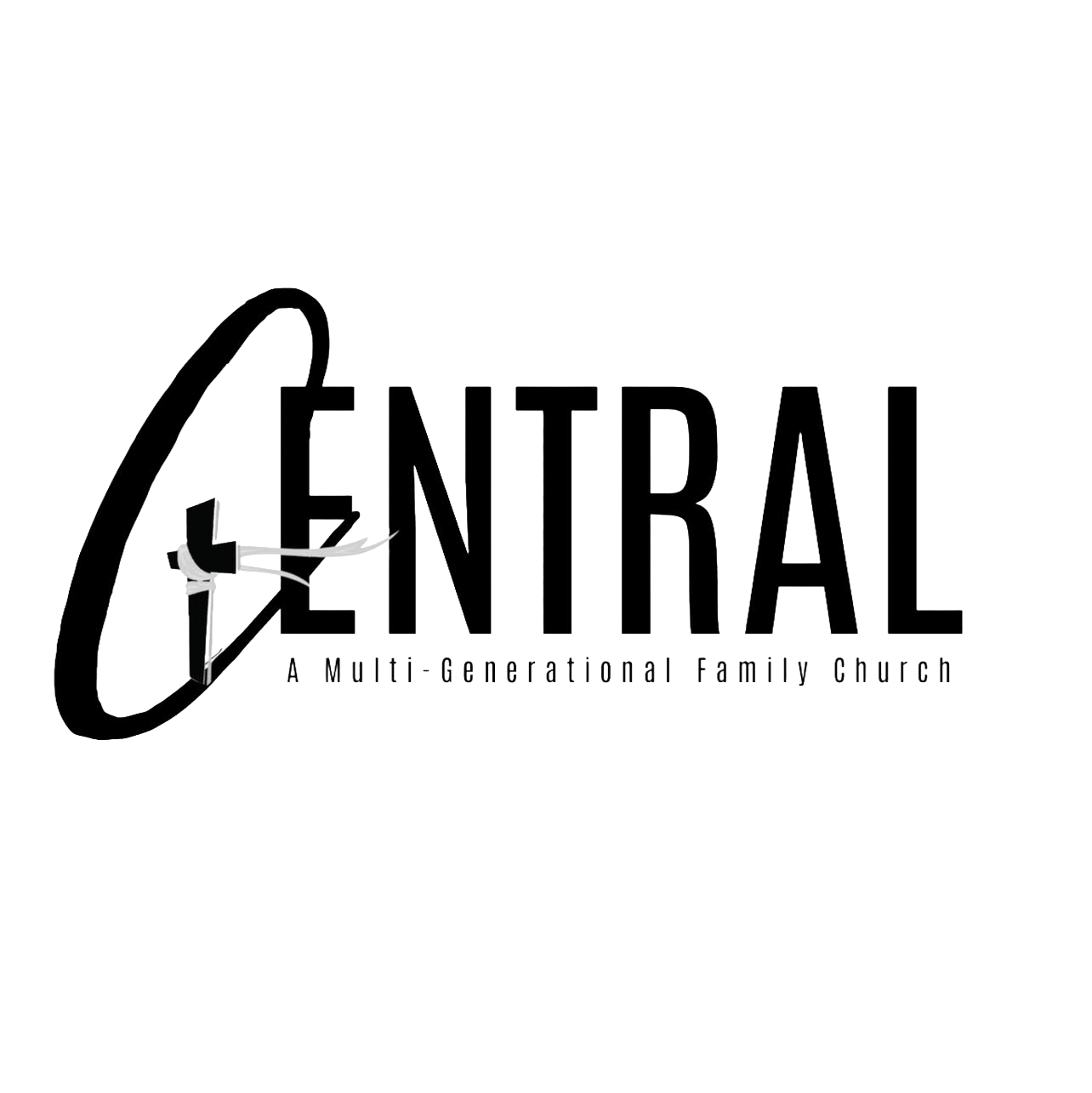 Logo for Central, a multi-generational family church, featuring a black handwritten 'C' intertwined with a literal cross and the word 'Central' in bold black letters, with the slogan 'A Multi-Generational Family Church' underneath.
